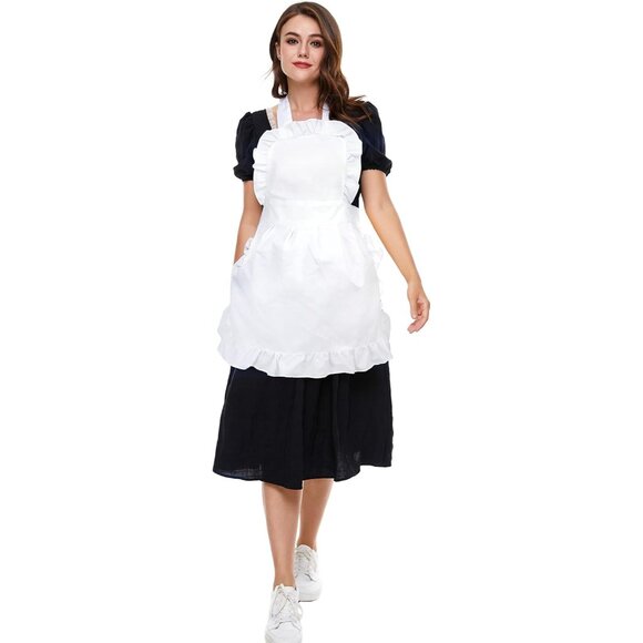 Women's Ruffle Outline Retro Apron Kitchen Cake Baking Cooking Cleaning Maid Cos - Picture 4 of 7